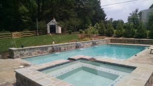 Custom Pool & Spa, Custom Outdoor Fireplace, Waterfall in Arnold Maryland