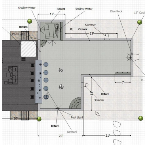 2D Pool rendering showing L-shaped pool and bar