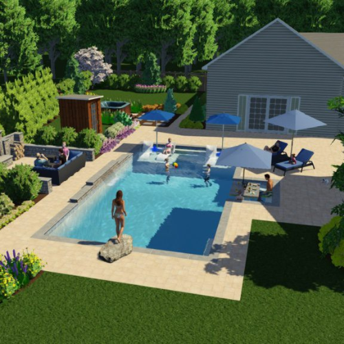 3D pool rendering of rectangular pool with tanning ledges