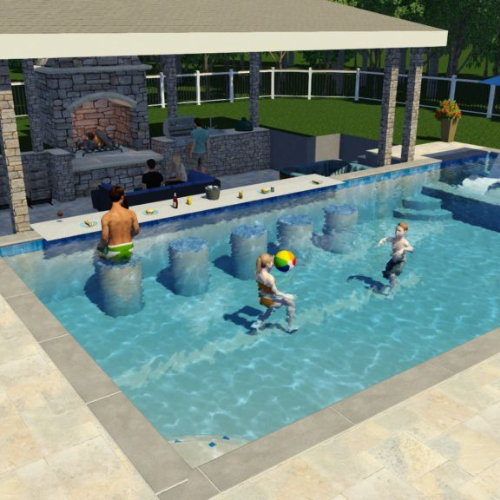 3D pool rendering of rectangular pool with swim bar and fireplace