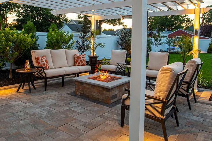 fire pit and outdoor seating at dusk