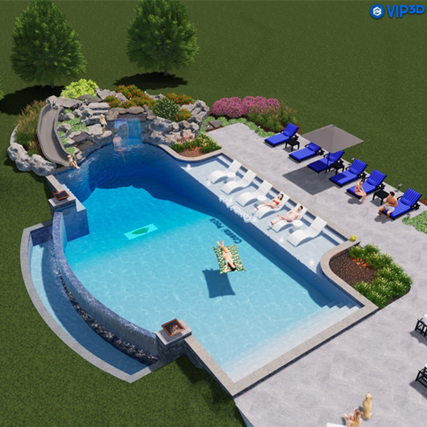 3D rendering of custom pool showing pool features and people